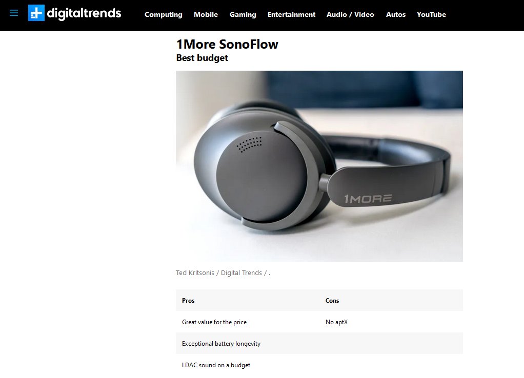 1MoreGlobal's tweet image. @DigitalTrends included the 1MORE SonoFlow in their list of The 6 best wireless headphones for watching TV in 2024 rating it as the Best Budget.

Read more: digitaltrends.com/home-theater/b…

#1MORE #SonoFlow #Headphones #Bluetooth