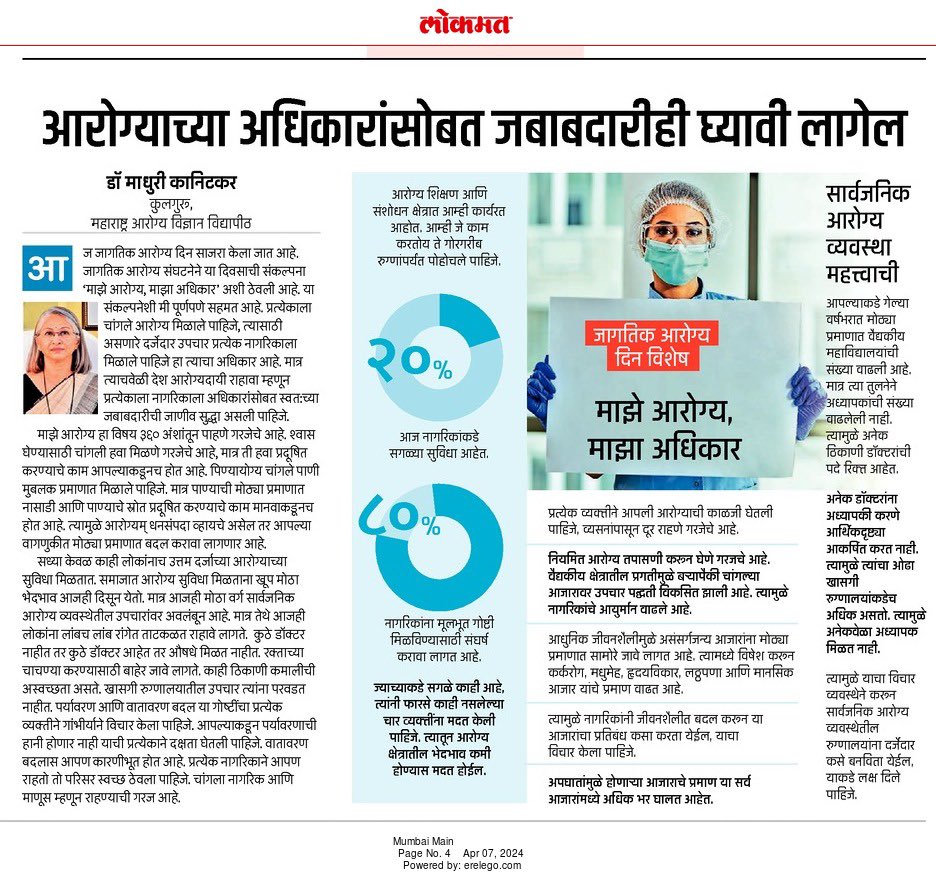 On the occasion of World Health Day, Dr Madhuri Kanitkar, Vice Chancellor of Maharashtra University of Health Sciences, wrote a piece emphasizing the importance of prioritizing public health. World Health Day 2024 theme announced as 'My health, my right'