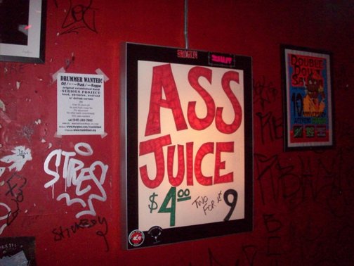 A photo from my 365 bar crawl blog, back on January 13, 2010: 'Ass Juice - $4.00 - Two for $9.00.' aguywalksinto365bars.com/a-virtual-bar-…