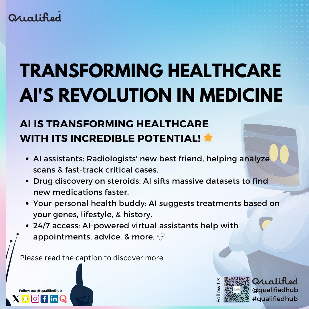 AI is revolutionizing medicine! From spotting diseases in scans to suggesting personalized treatments, it's a game-changer.What are your thoughts on AI in healthcare? Let's chat!   #AI #Healthcare #FutureofMedicine