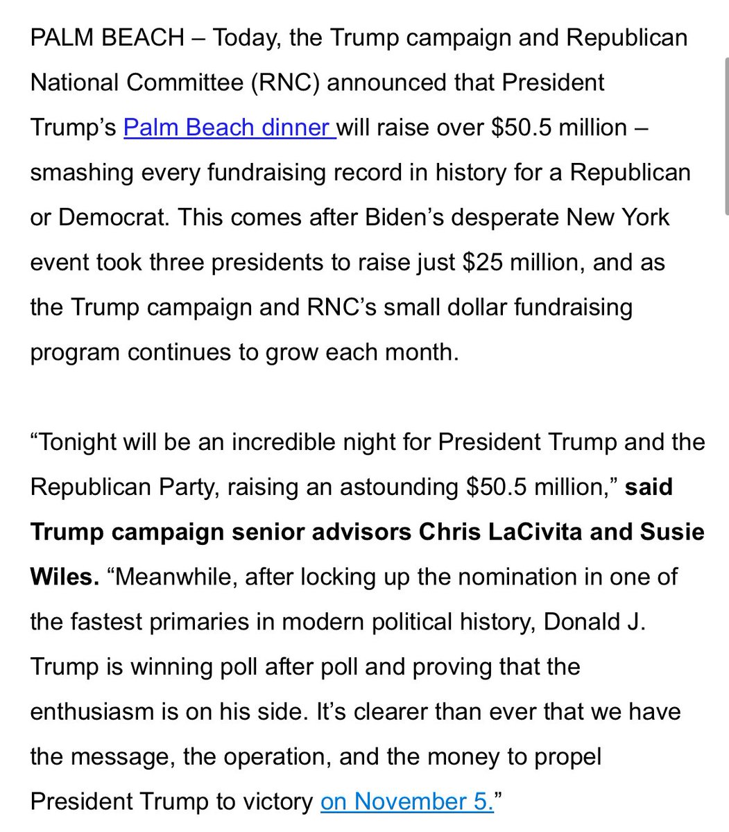 Trump campaign & the RNC issue statement announcing whopping $50.5M raised at Palm Beach fundraiser tonight, which goes to campaign efforts, RNC, Trump super PAC & state GOP parties. h/t @olivialarinaldi @JakeMRosen Trump Campaign & RNC statement: