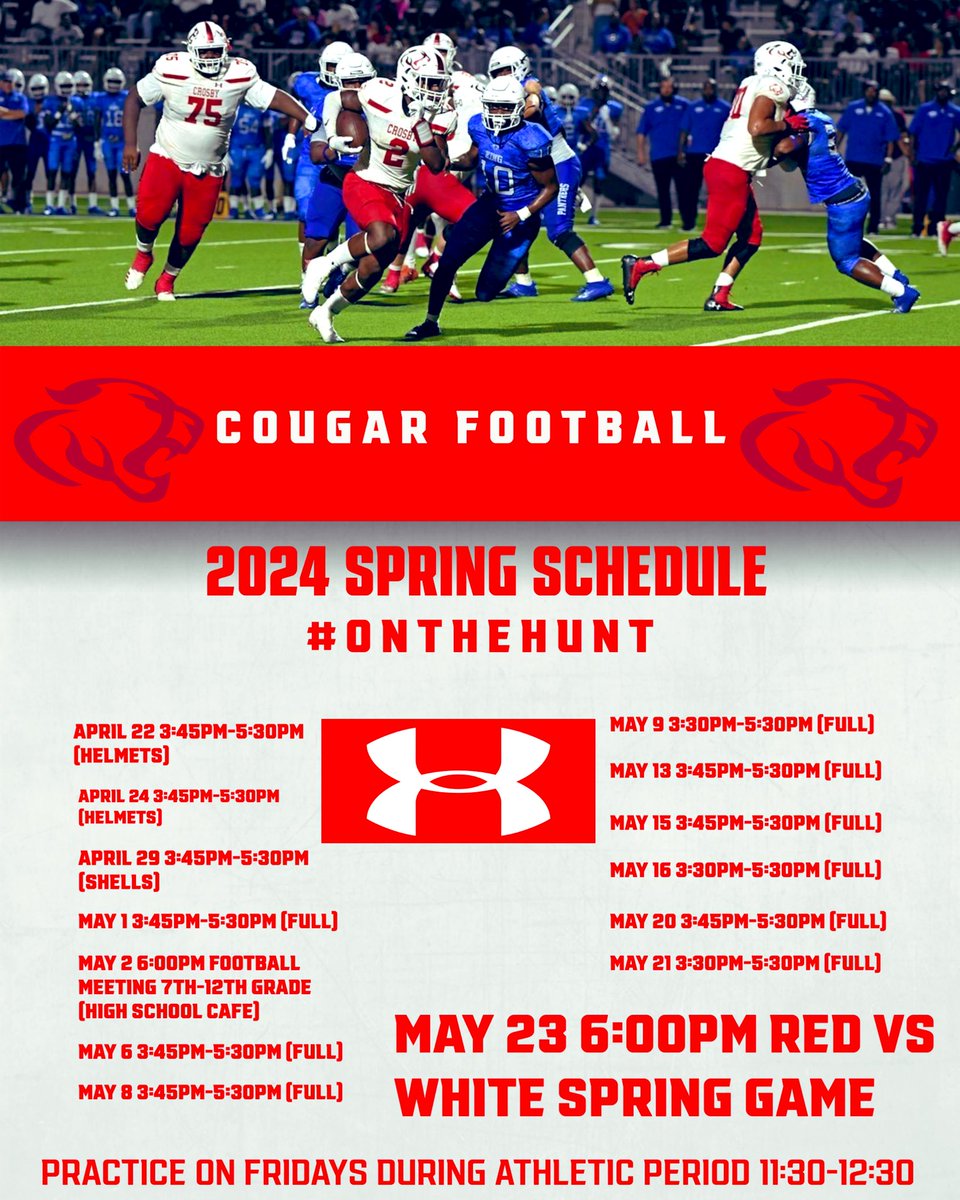 Spring Practice Schedule for <a href="/Crosby_CougarFB/">CrosbyCougarsFB</a> <a href="/RecruitCrosby/">Crosby Recruits</a> come out and see what our guys have been up to this Winter and Spring 💪#OnTheHunt🔺