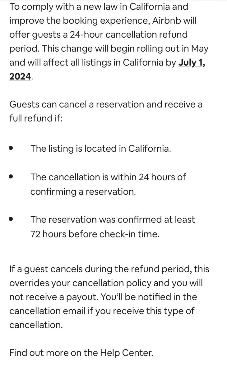 Just like airlines must give money back if customer cancels within 24 hours, so now must short term rental platforms in CA. #california #invest #realestateinvestor #realestate #shorttermrental #airbnb