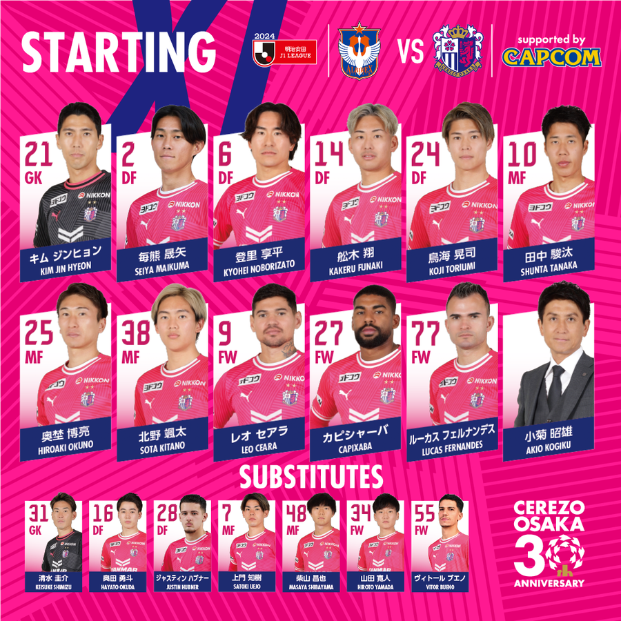 crz_official's tweet photo. 明治安田J1リーグ 第7節
4/7 14:00 KICK OFF⚽️
アルビレックス新潟 × #セレッソ大阪
🐺🌸STARTING LINEUP🌸🐺
キックオフ迫る！
みなさま熱い応援よろしくお願いします🔥

スポーツバーでアウェイを観戦🌸
詳しくは👇
https://t.co/0BgcxWYw97

#ForOurOsaka https://t.co/faj8e1MHb6