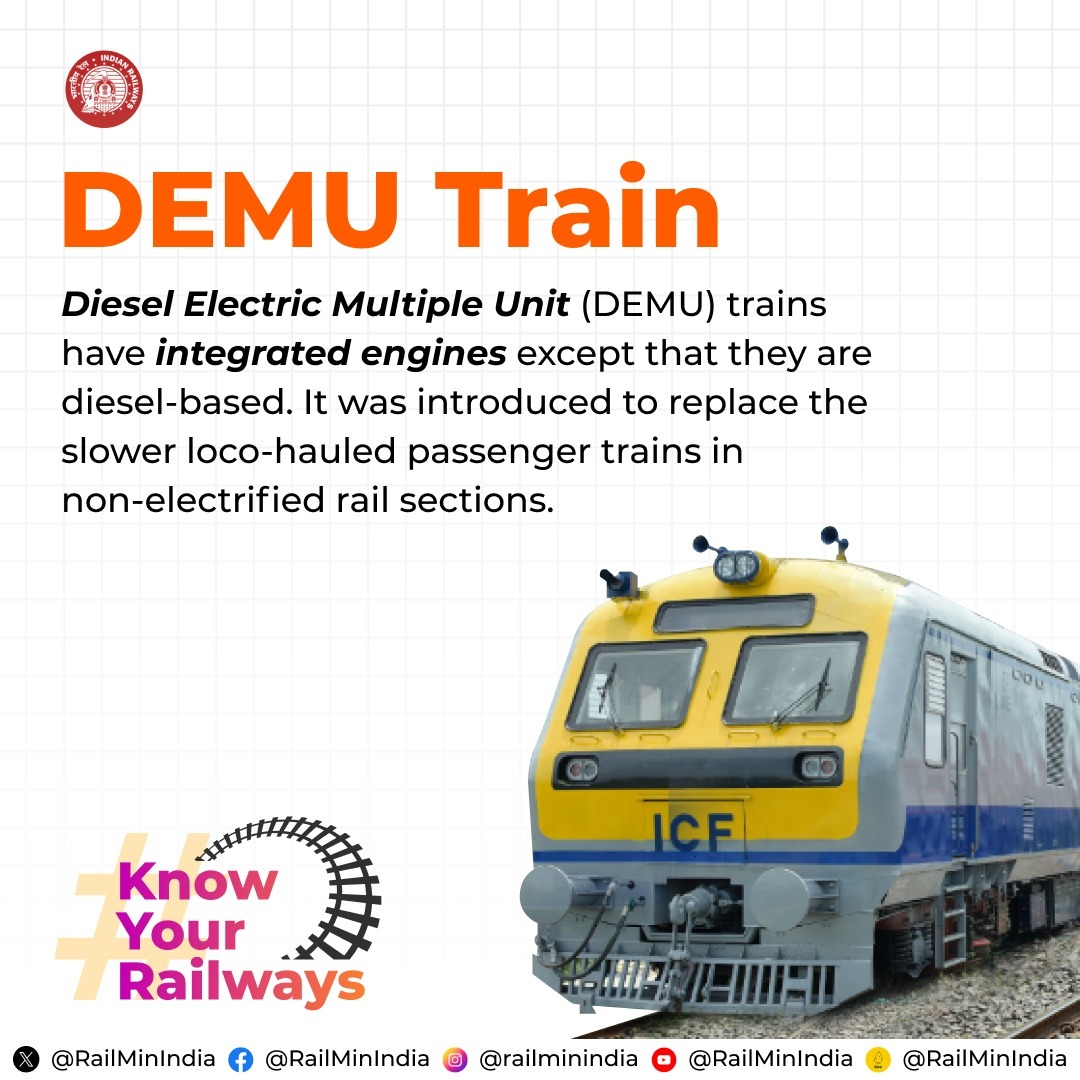 #KnowYourRailways 🤓 

Let’s decode and learn more about the similar train terms like MEMU, EMU and DEMU.