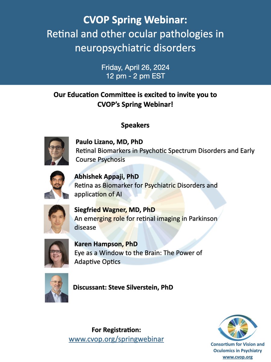 🌸Join us for our Spring Webinar!🌸 CVOP's Education Committee invites you to a rich discussion on retinal and other ocular pathologies in neuropsychiatric disorders. For free registration: cvop.org/springwebinar