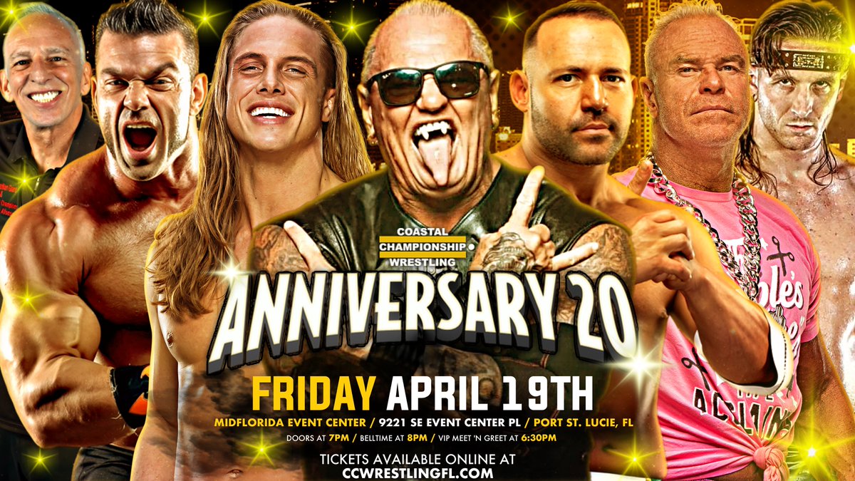 The wrestling world is ready to explode. All eyes locked on the biggest event in company history. A true extravaganza!  

CCW Anniversary 20
April 19th at 8PM 
Port St. Lucie, FL  

Get your tickets NOW! 🎟: coastalchampionshipwrestlingfl.com/events-1/anniv…

#CCW #PortStLucie #WrestleMania #ProWrestling