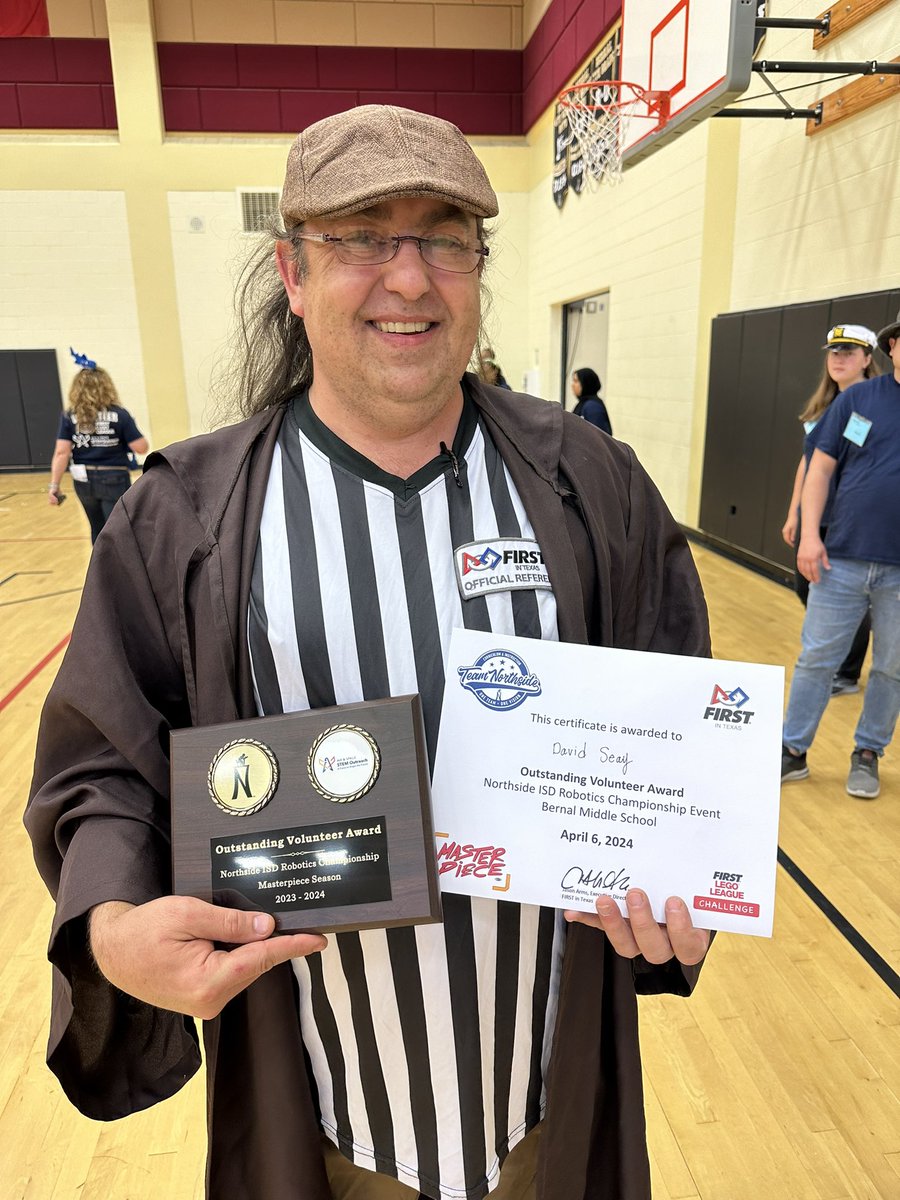 Congratulations to 2 of 2 of our Outstanding Volunteer Awardees @NISD robotics Championship - David Seay! We appreciate all your help at all three events this season! Thank you for displaying the @firstlegoleague spirit! @FIRSTinTexas