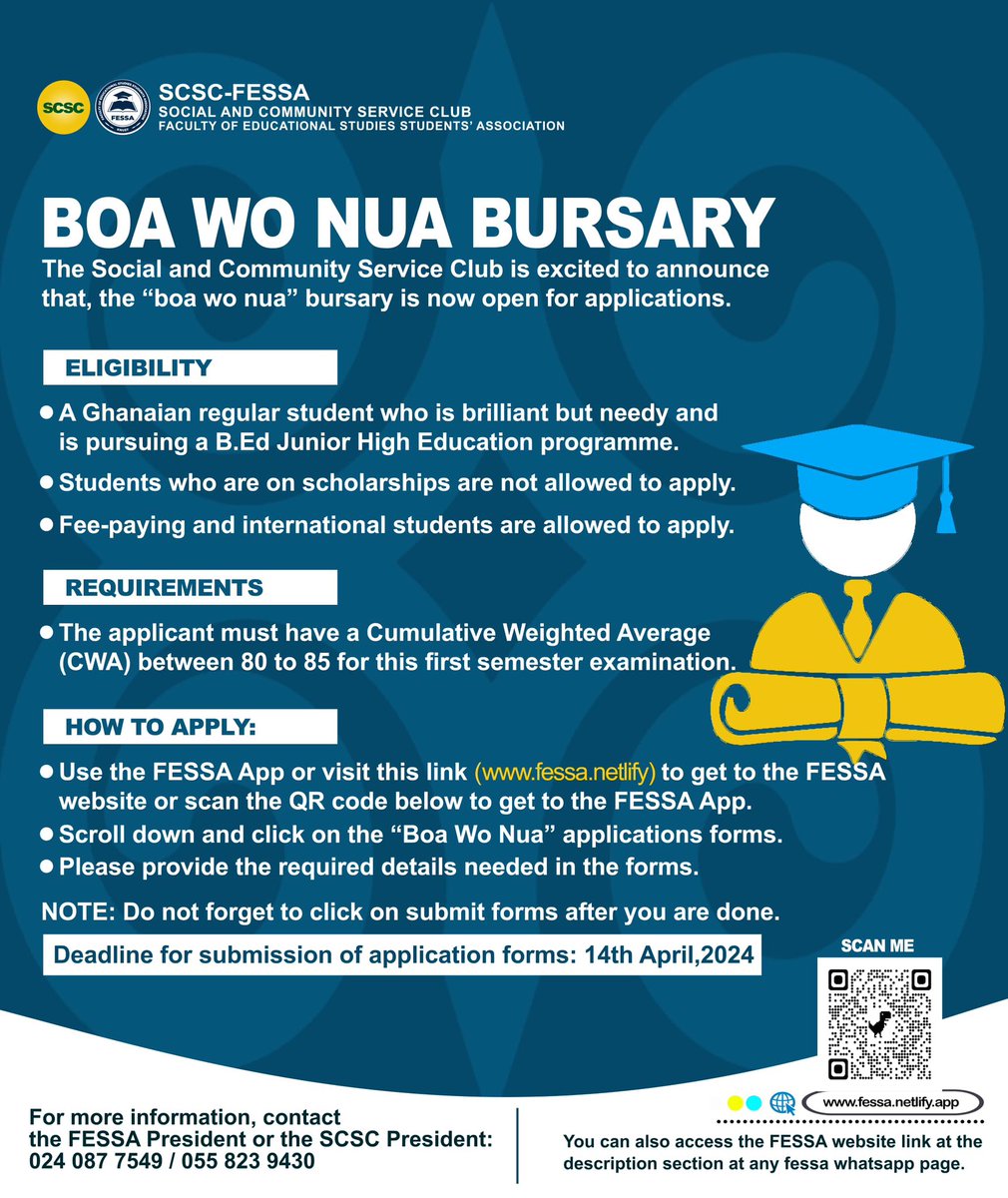 FessaKnust's tweet photo. 🥳🥳🥳🥳🥳🥳
ATTENTION STUDENTS

It is here🎉
The "Boa Wo Nua Bursary" application form is open now to all students.

Please follow the instructions on the flyer to apply.

SCSC-FESSA
FESSA IS GREAT 👍 https://t.co/d00Gyq2KYE