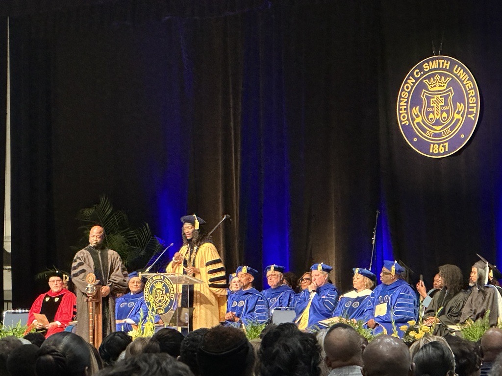 At the inauguration ceremony of Dr. Valerie Kinloch as the 15th president of Johnson C. Smith University, she was joined onstage by Dr. Jamal A. Cooks, president of Chabot College. The two NCTE member-leaders announced a partnership between their institutions to support students!