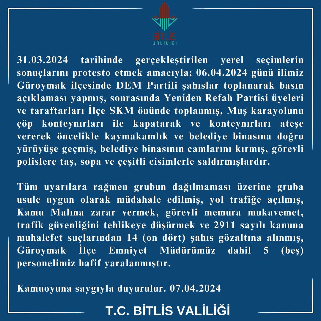 Bitlis'in Güroymak (Norşên) ilçesindeki olaylara ilişkin Bitlis Valiliği tarafından yapılan açıklama;