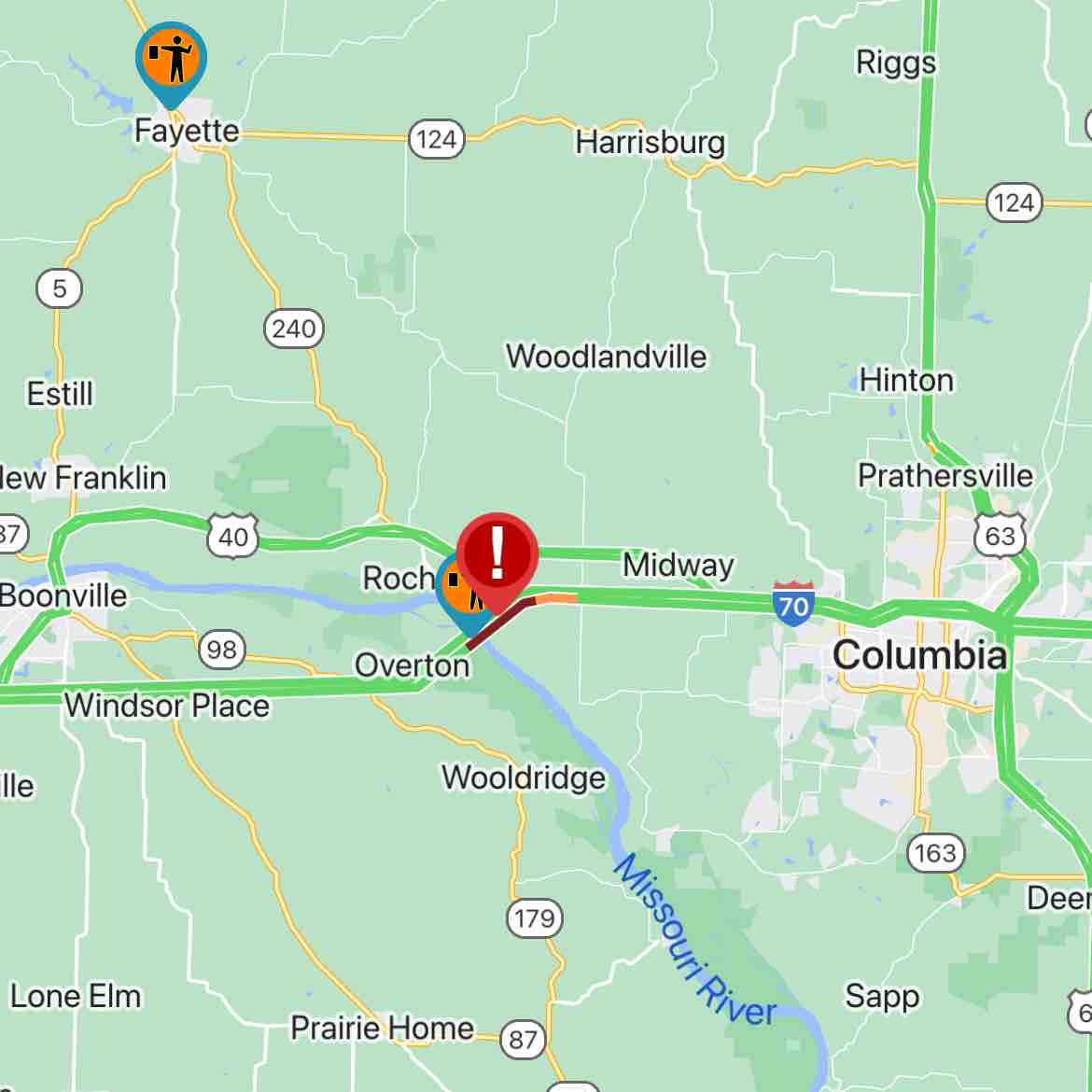 ALERT! Eastbound I-70 CLOSED at mile marker 115.8 in Boone County, east of Rocheport Bridge. Use an alternate route.