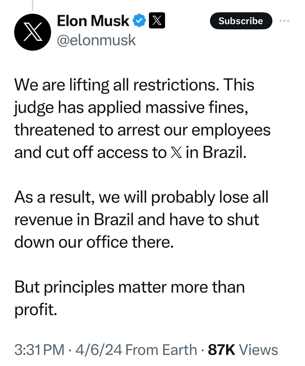 Elon Musk acaba de afirmar que levantará todas as restrições às contas bloqueadas no Brasil. Acrescentou que “este juiz” ameaçou funcionários no Brasil, que está disposto a perder toda a receita no país e até mesmo ser bloqueado. “Princípios valem mais que lucro.' 🙌@elonmusk