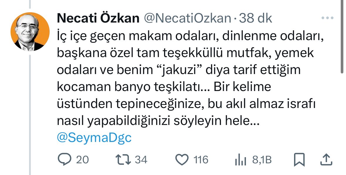 AKP’den CHP’ye geçen Sancaktepe Belediyesi’ndeki jakuzi iddiasını ortaya atan Siyaset Bilimci Necati Özkan’ın az önce yaptığı açıklama. Kendisi “kocaman banyo teşkilatı”nı “jakuzi” diye tariflemiş. Yani ortada jakuzi yok. Başka “israflar” var ama. Onlar baki…