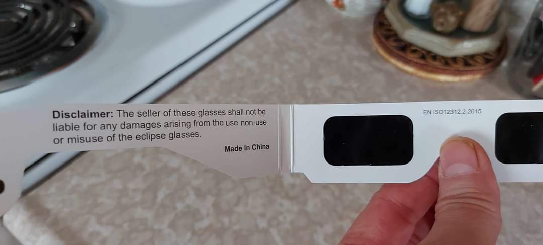 Heads up. Canadian Tire is selling these glasses saying they are fine for the eclipse. They are NOT. If says made in China, knockoffs, that are not approved or safe.  Home Hardware selling knockoffs as well, theirs say "NASA approved", NASA never approves anything for sale.