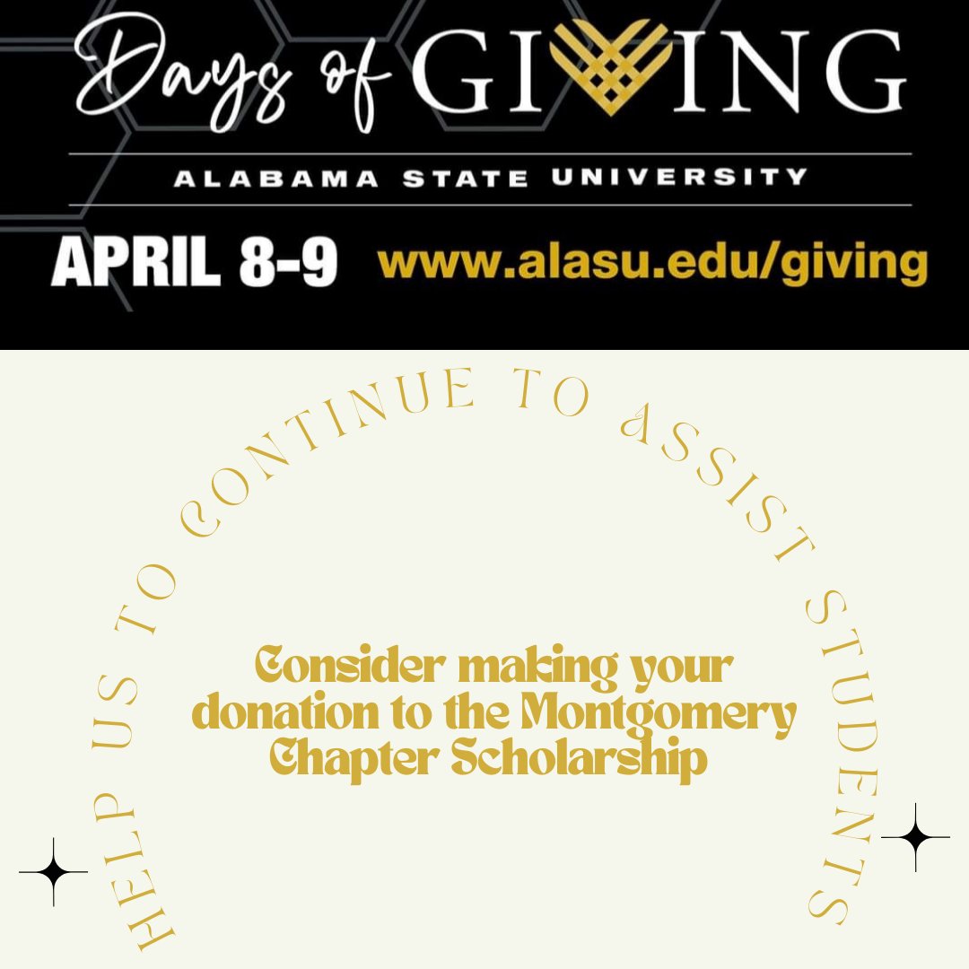 Hey ASU_MGM Hornets, The 2024 ASU Days of Giving is only two days away and ASU_MGM needs your support to help our Montgomery scholars! Remember, your donation only counts on April 8-9, so mark your calendars! Tislam D. Ellis, President  #ASU_MGM #connectsupportserve