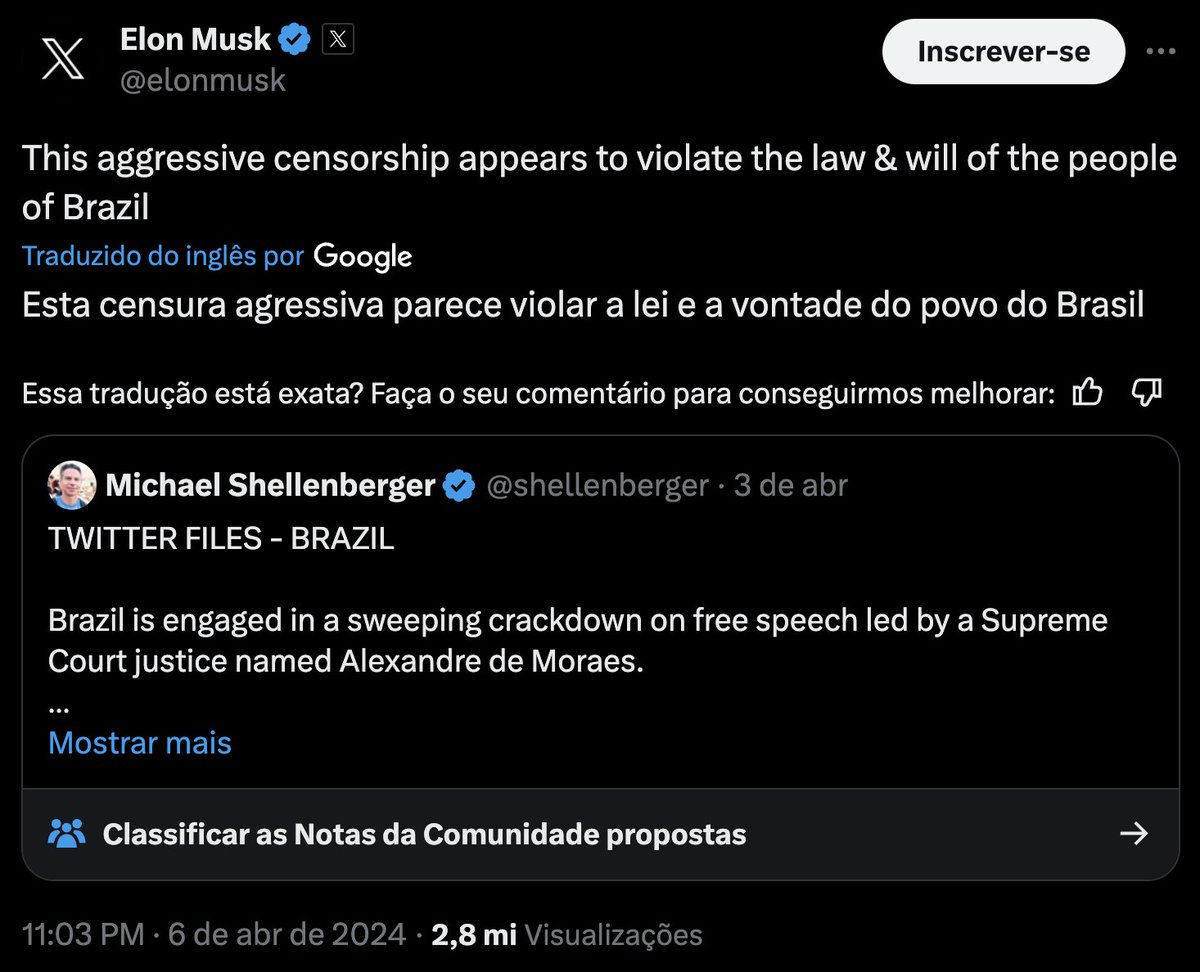 hoje_no's tweet photo. Elon Musk está mesmo empenhado em denunciar a situação no Brasil. Após fazer vários posts como este, informou que desbloqueará todas as contas que foram bloqueadas por decisão do STF. Trata-se de um caminho que, infelizmente, tem tudo para levar ao bloqueio do X no Brasil por decisão do STF.