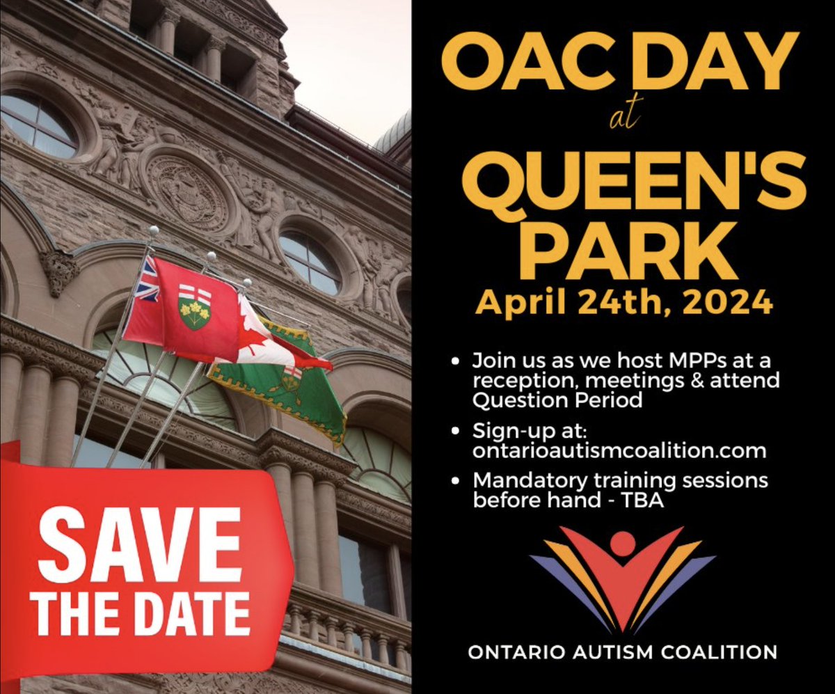 📅SAVE THE DATE📅
On April 24, join @OntAutism for lobby day. Tell every MPP to make changes to the OAP, special education, & adult services for people with autism!Stay tuned for training session dates.
Follow @OntAutism for updates.

Sign up: ontarioautismcoalition.com
#OnPoli