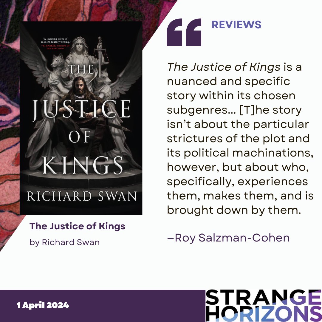 The reviews are in! Menewood by Nicola Griffith reviewed by Catherine Rockwood! The Justice of Kings by Richard Swan reviewed by Roy Salzman-Cohen! Find your next favourite book at the link to the latest issue in our bio!