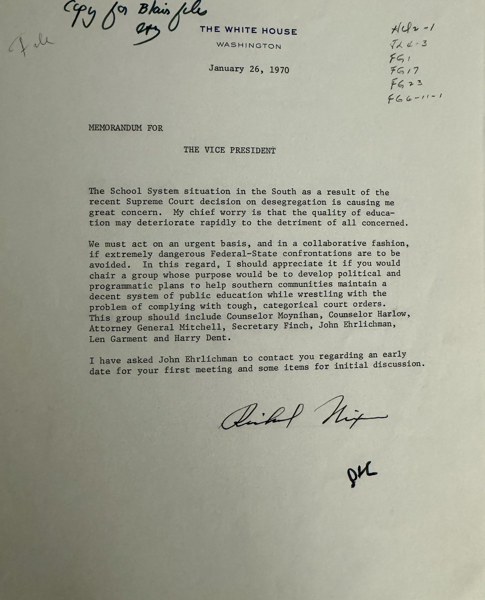 In 1970, Nixon asked VP Agnew to help desegregate the last schools in the South that were still resisting doing so, in this internal WH memo sent by Nixon to Agnew. Nixon interestingly seems annoyed by Alexander v. Holmes County Board of Education, a 1969 case in which the