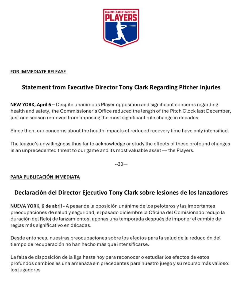 FOR IMMEDIATE RELEASE Statement from Executive Director Tony Clark Regarding Pitcher Injuries