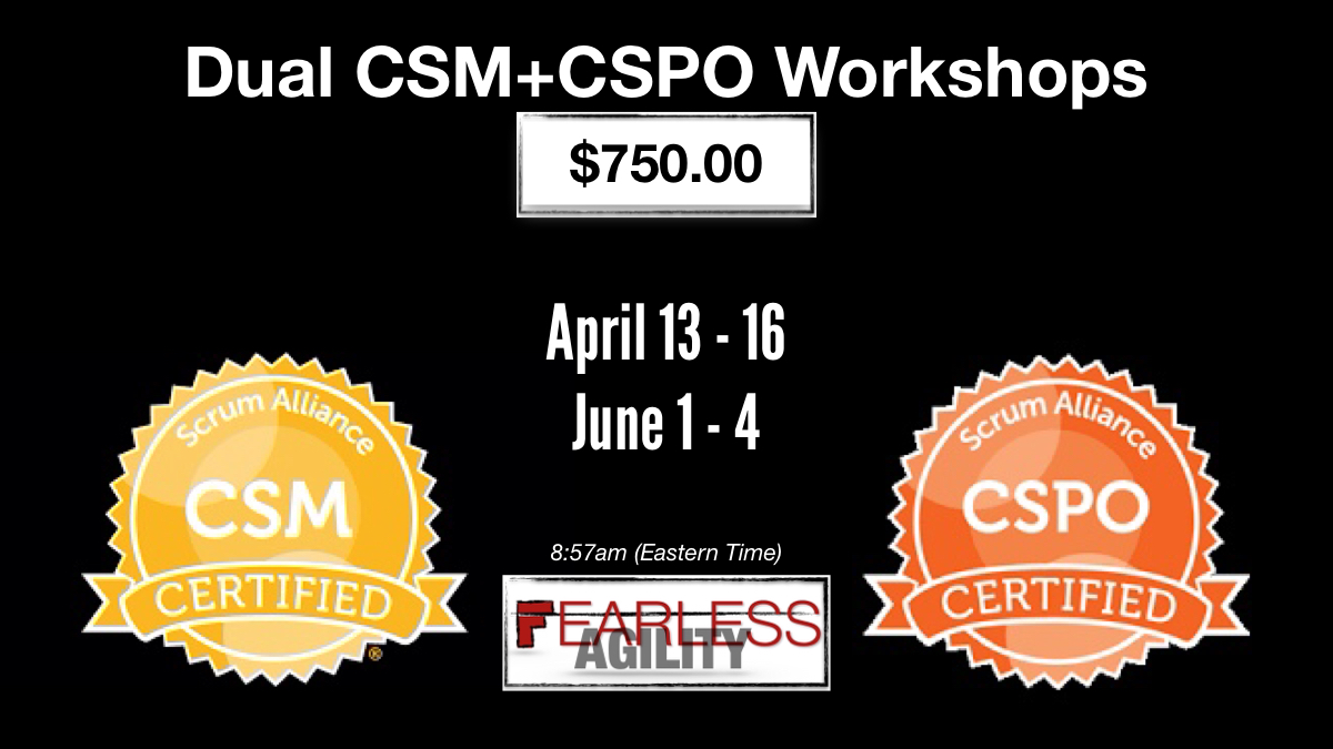 I don't have a Dual CSM+CSPO scheduled for May. 
But... April✅ and June ✅

🆕Coming Soon... July 22-25 (Mon-Thurs)

#SaturdayMotivation #scrum #Agile #csm #cspo #scrumtraining #April #JUNE #july