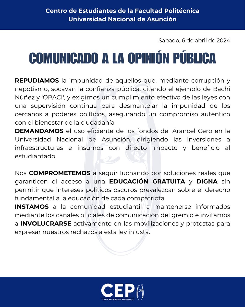 🔵 COMUNICADO A LA OPINIÓN PUBLICA 🔵 

#CEPUNAPY