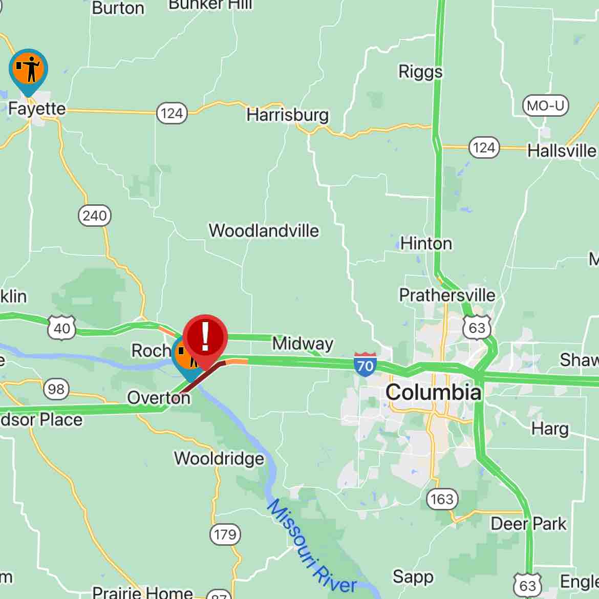 UPDATE 6:15p 4/6/24 One lane of eastbound I-70 now OPEN at mile marker 115.8 in Boone County, east of Rocheport Bridge. Expect delays & use caution.