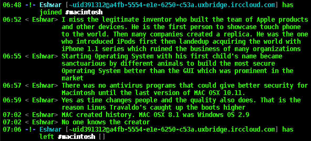 Aaaand a nostalgic, adrenalized generative AI enters the #macintosh IRC channel... 🤔 #IRC #InternetRelayChat #internet #Apple #applehistory #AI #computinghistory #curious #odd #DALnet #DALmac #vintagecomputing #retrocomputing #iPhone #iOS #SteveJobs #tonyfadell #screenshot