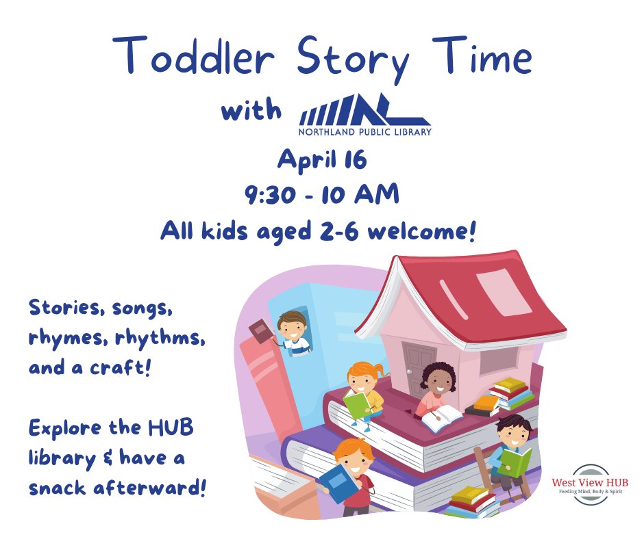Our next Toddler Story Time with @northlandlib is April 16! Join us for stories, music, and fun! Free! Register here: forms.gle/P5mjmiK5kccaUn…