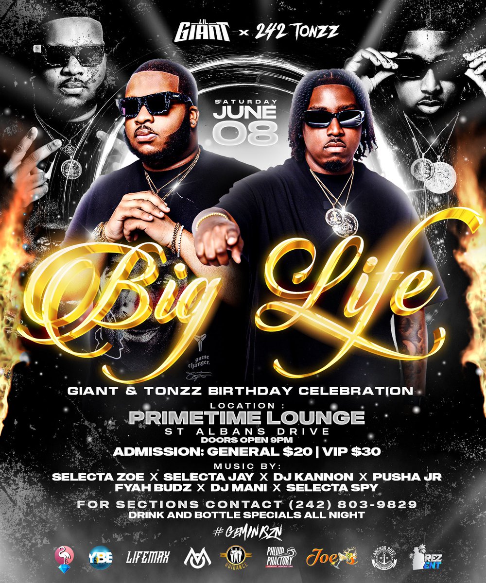 When Ya Celebrate Life ⚡️ Do It In Style &amp; Do It Big 🍾 • All my GEMINI’S ♊️ June 8th 2024 • BIG LIFE 🤩 Giant x Tonzz Birthday Celebration @ PRIMETIME LOUNGE ✨ St Albans Drive📍• 🎟️ General $20  VIP $30 • All My Supporters Come Out &amp; Celebrate With Us ✨ ‼️ #GeminiSzn