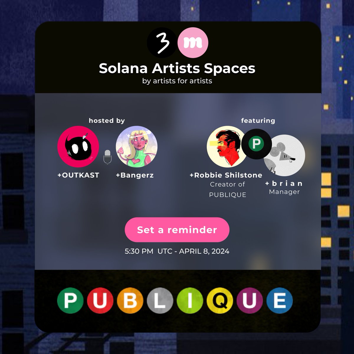 Join us tomorrow for our Solana Artists Spaces ✨️ feat. @shilstone_arts creator of @publique_world 🟢🔴🟠🟡🟣 Brought to you by @mallow__art & @3rd_land 🩷 Set a reminder below! Tag an artist & collector who needs to be here 👇