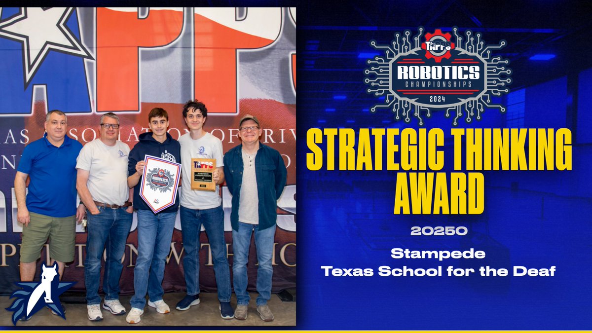 TappsRobotics's tweet image. Congratulations to the Stampede from Texas School for the Deaf on winning the TAPPS 2024 Robotics Championship Strategic Thinking Award!