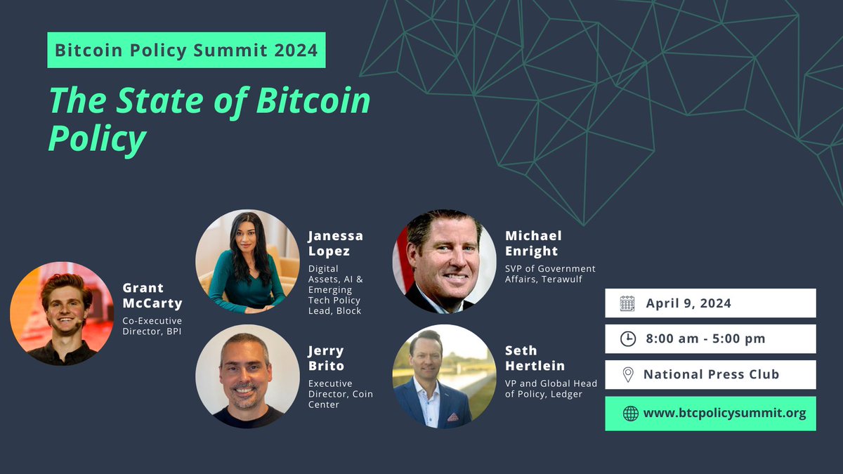 Policy Summit Panel Announcement: 'The State of Bitcoin Policy' Learn about the critical policy issues affecting Bitcoin from leading experts at the National Press Club on Tuesday. CC: @jerrybrito @SethHertlein @coincenter