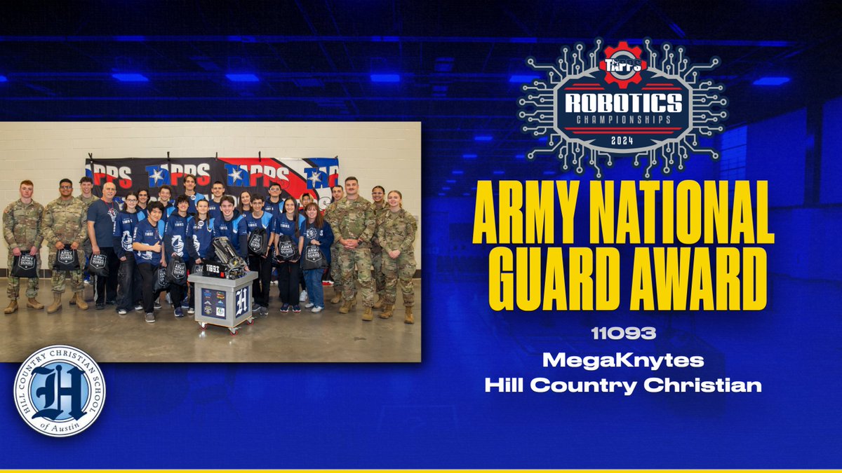 TappsRobotics's tweet image. Congratulations to the MegaKnytes from Hill Country Christian School on winning the TAPPS 2024 Army National Guard Award!