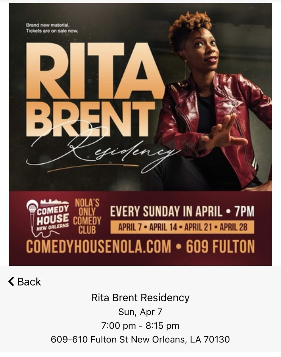 This time tomorrow I’ll be in New Orleans for OPENING NIGHT of my residency at Comedy House NOLA on Fulton! Debuting BRAND NEW material— comedy & music! Come see me work it out! Limited seating, so get there early! Tickets: app.showslinger.com/ticket_payment… #retweet #ritabrentcomedy