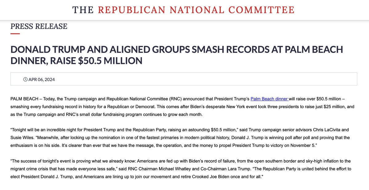 🚨DONALD TRUMP AND ALIGNED GROUPS SMASH RECORDS AT PALM BEACH DINNER, RAISE $50.5 MILLION gop.com/press-release/…
