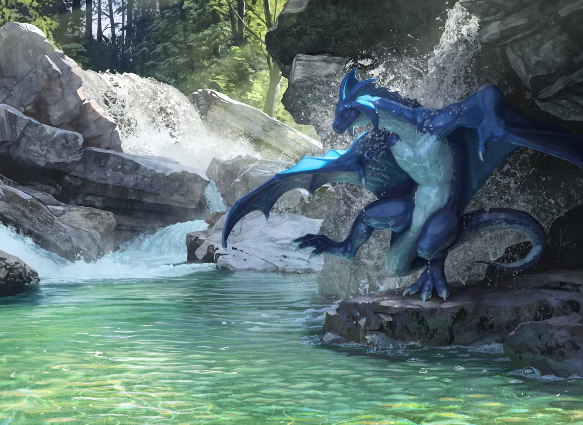 Flying around lets you find the best spots to soak in! I'm taking a well-deserved break under a gorgeous waterfall. 💙 🎨 @KhyaberArt