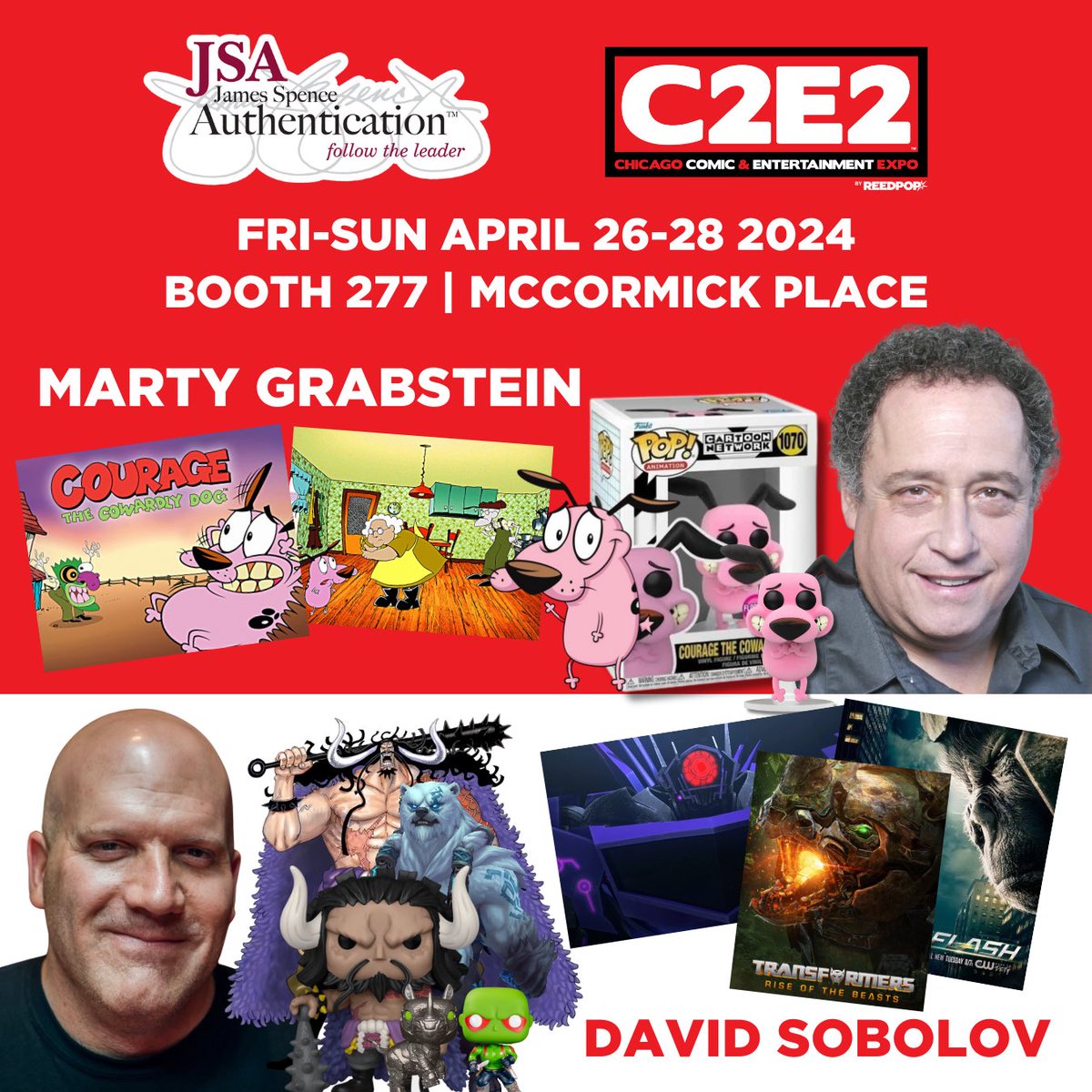 JSA BOOTH 277 at C2E2 hosts Marty Grabstein and David Sobolov @volobos ALL 3 DAYS Stop by and say hi to the voice of Courage the Cowardly Dog and Kaido from One Piece. Marty and David will be signing autographs and taking selfies all weekend long at #C2E2 JSA will be available…