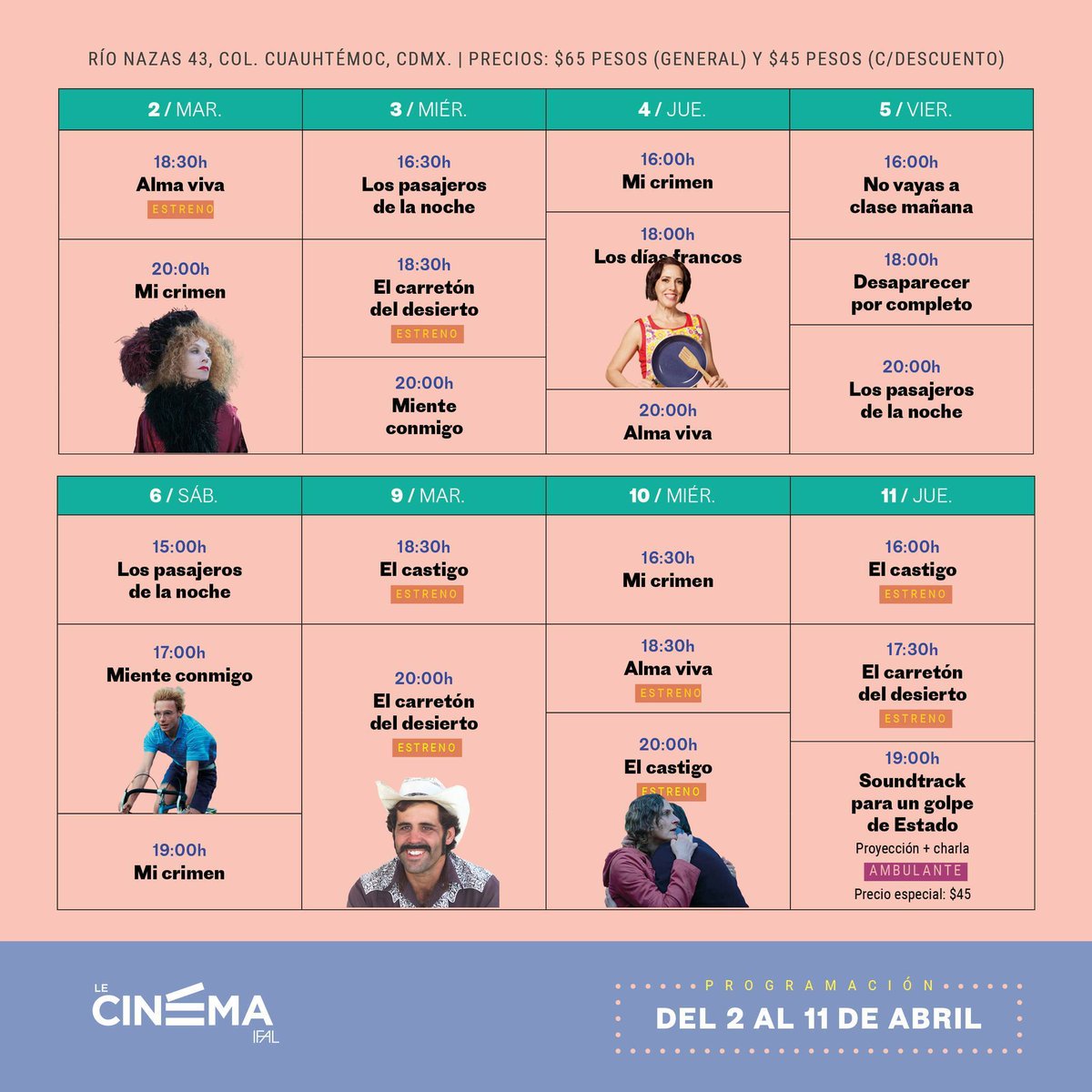 🍿Cine l ¿Te gusta el cine francés? Te compartimos la cartelera de @_lecinema del martes 2 al jueves 11 de abril. 🎞 Info swll.to/n75aBBL 🎟Boletos de venta en taquilla 🗣Todas las películas tienen subtítulos en español 📍Río Nazas 43, Col. Cuauhtémoc