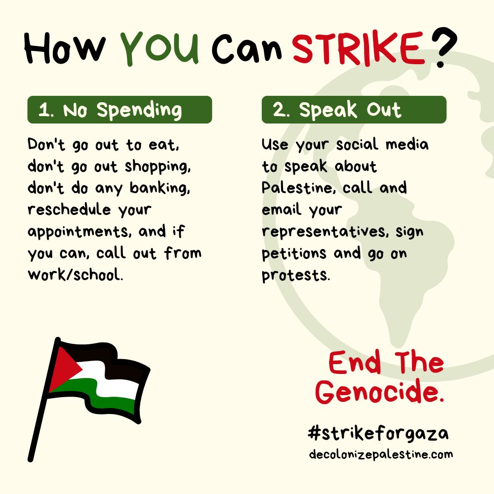GLOBAL STRIKE ON APRIL 15TH

Bisan has called for a global strike on the 15th, mark your calendars and spread the word.

#StrikeForGaza