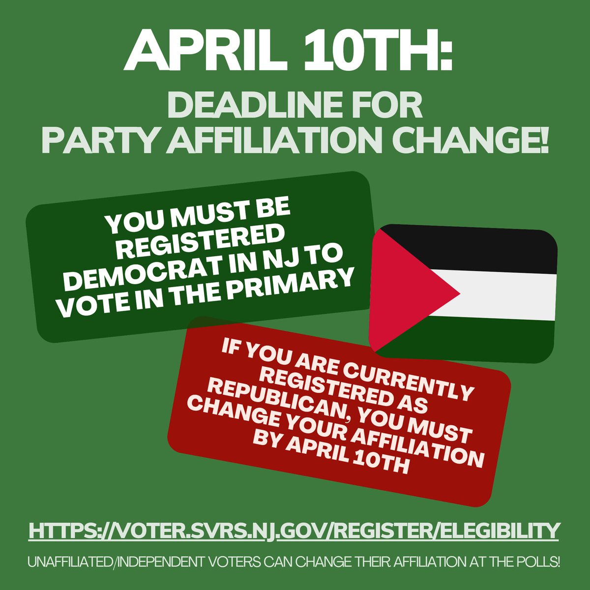 You must be a registered Democrat to Vote UNCOMMITTED! April 10th is the deadline to change party affiliation if you are currently registered as a Republican. If you are currently Unaffiliated or Independent, you can also change to Dem at the polls on June 4th! #UncommittedNJ