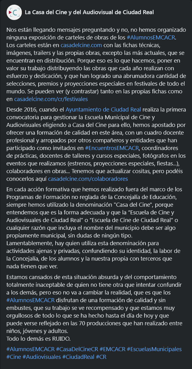 Comunicado #EMCACR #CasaDelCineCR
▶️ t.me/casadelcinecr/…
▶️ instagram.com/p/C5cAdQEid6u
▶️ facebook.com/photo?fbid=112…
#AlumnosEMCACR #CasaDelCineCR #EMCACR #EscuelasMunicipales @AYTO_CIUDADREAL #Cine #Audiovisuales #CiudadReal @wikiCR #CR