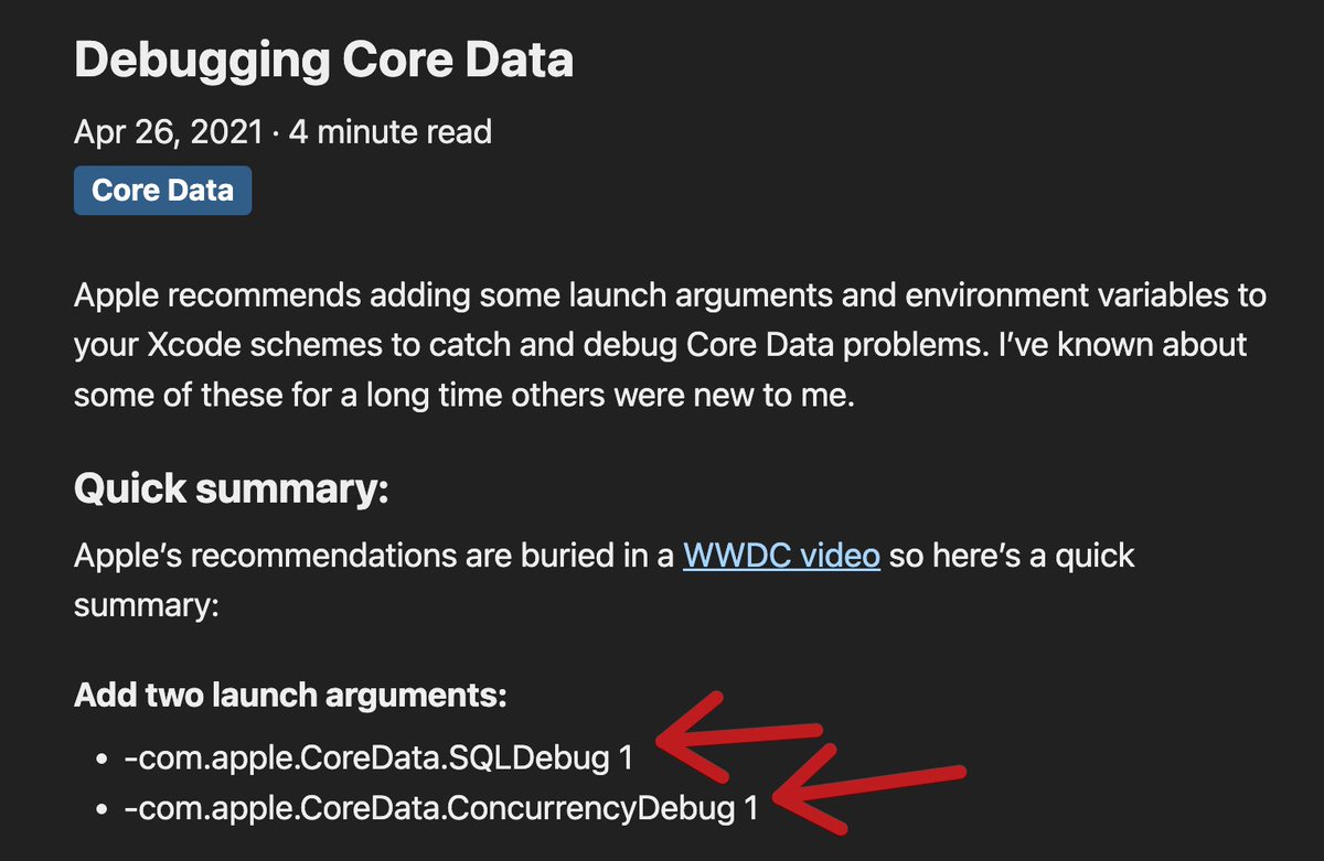 If you want to debug your Core Data or SwiftData then add these flags in the launch arguments. 

This will print out the path to your store as well as all the queries executed by SwiftData or Core Data. 

Source & Credit: useyourloaf.com/blog/debugging…

#SwiftUI