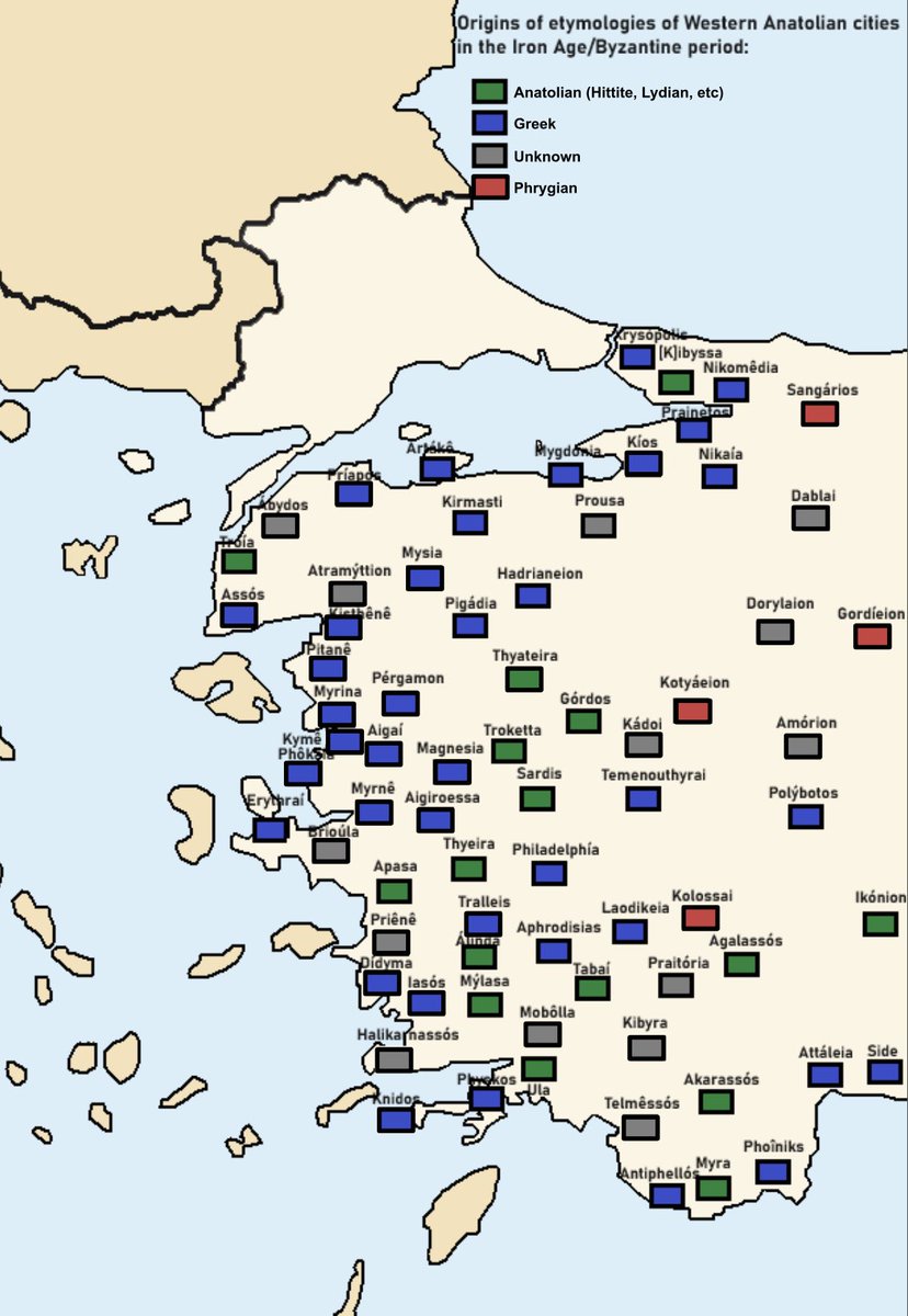 The research is deeply flawed, unsurprisingly given your source, as the majority of these toponyms are undoubtedly Greek. I corrected them without adding the hundreds omitted. Also, Phrygian wasn’t an Anatolian language, but part of the same paleo-Balkan group as Greek.