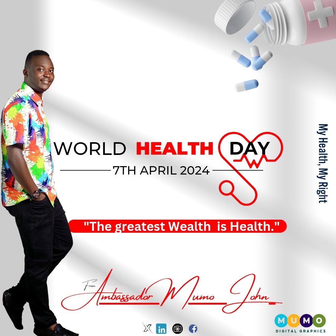 'Happy World Health Day! 🌍💚 Let's take a moment today to appreciate the incredible gift of good health. Remember, our health is our greatest wealth. Let's make a commitment to prioritize our well-being by staying active, eating nutritious foods, @WHO  @WHOKenya #whd24