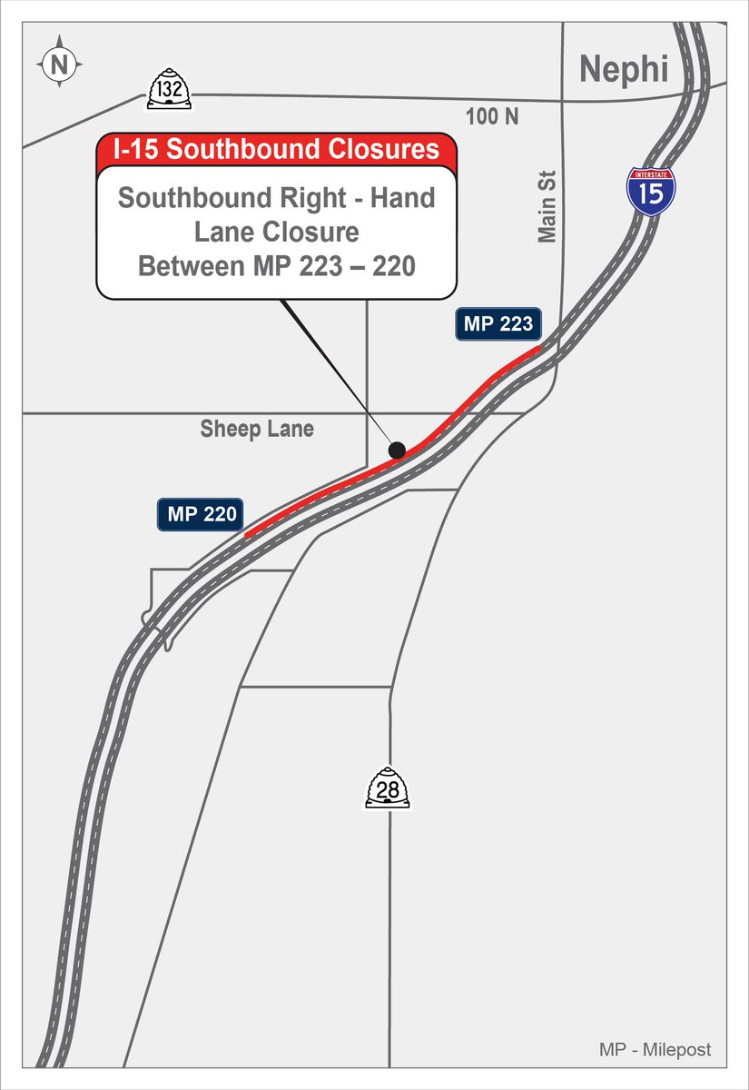 🚧Driver Alert 🚧 Work on the I-15 Nephi Bridges project is ongoing. Drivers in the area can expect a single lane closure on southbound I-15 in Nephi from the Main Street Bridge to Sheep Lane (MP 223-220) Mon-Fri through the end of May for pavement repairs.