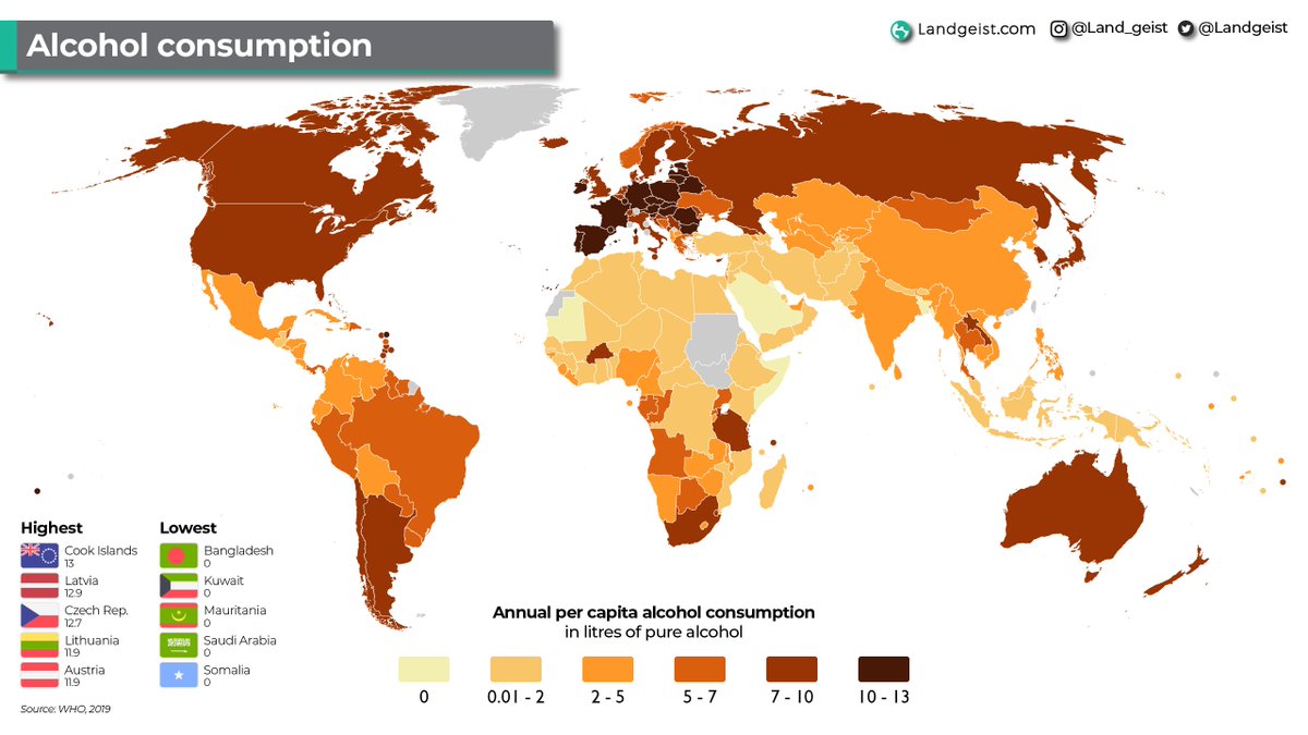 Alcohol consumption around the world. Fun to see Cook Islands and Austria feature in the same top ranking. Fun data presented by @landgeist.