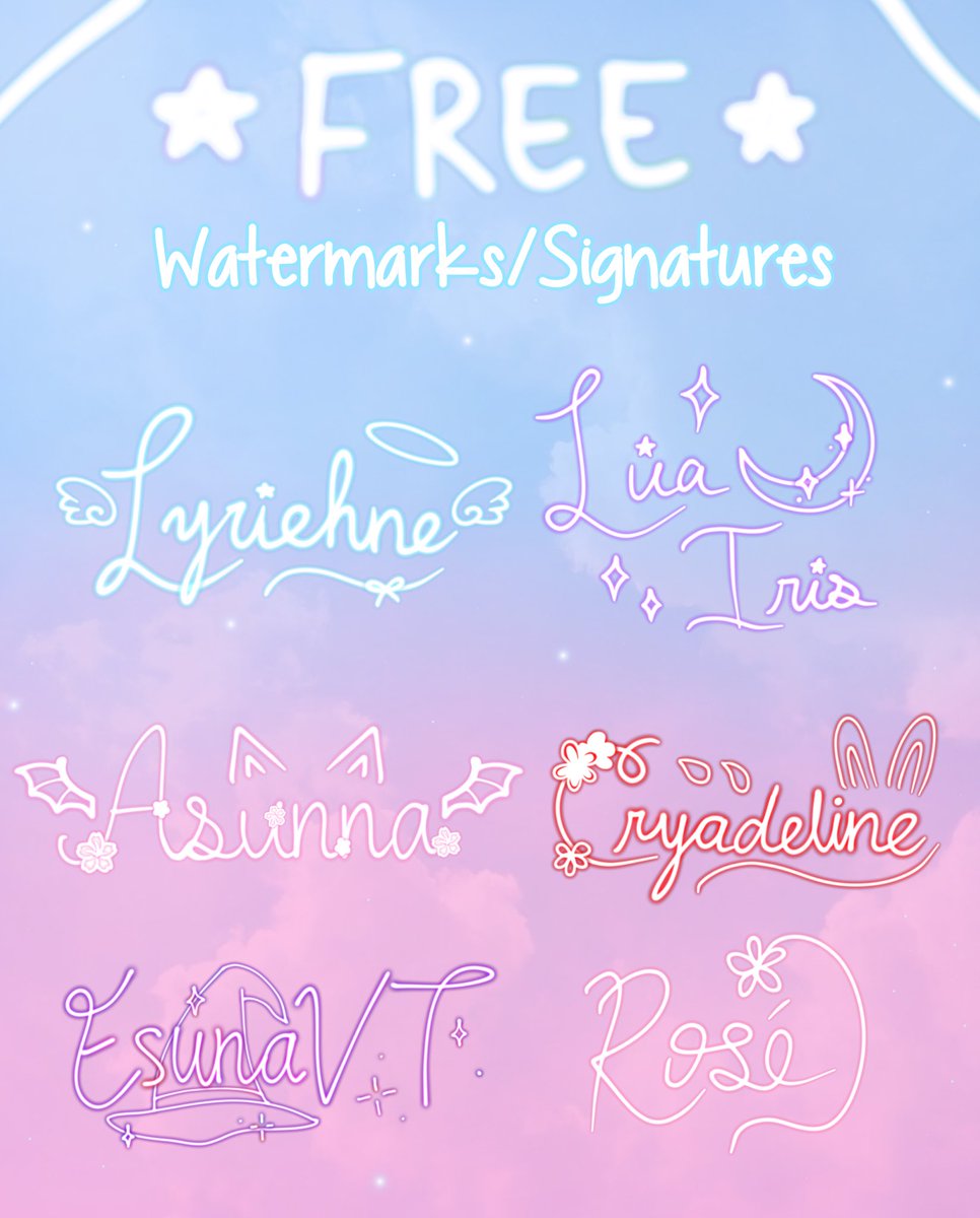 doing more FREE watermarks / logos / idol signatures 

- follow + rt ⋆.˚ ᡣ𐭩彡
- comment your name and any shapes/objects you want + color! 

#royalehigh #royalehighgiveaway #royalehighdiamonds #royalehighcommission #artraffle