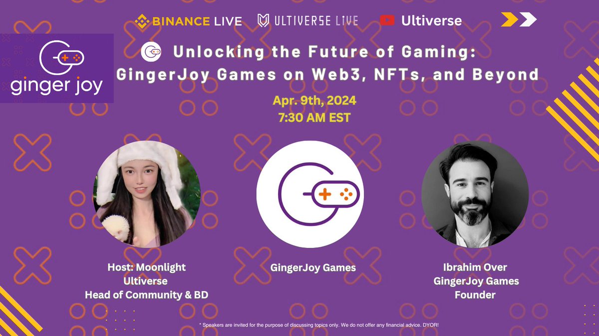 🎙️ Unlocking the Future of Gaming: @GingerJoyGames on Web3, NFTs, and More | Ultiverse Live 📅 Apr. 9th; 7:30 am EST ⭐ Speaker Ibrahim Over @hophopcoin, GingerJoy Founder ⭐ Host @Moon1ightSt, @UltiverseDAO Head of Community & BD 🔗#Binance  Live: binance.com/en/live/video?…